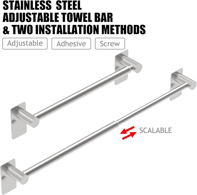 Towel Bar, Adjustable 14.4inch - 25.2inch, Self Adhesive & Wall Mounted for Bathroom Kitchen Hand Towel Rack Holder Cloths Hanger SUS 304 Stainless Steel Organizer Single Bar Nickel Brushed