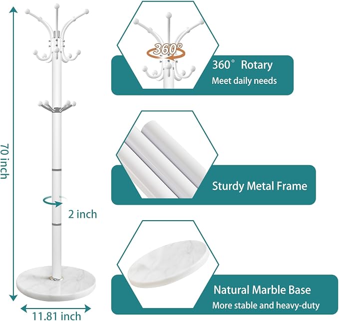 OIRUMIE Coat Rack,360°Rotary Coat Rack Stand,Coat Tree Stand for Entryway | Metal Coat Rack Freestanding with Natural Marble Base & 14 Hooks,White Modern Coat Stand, Clothes Hall Tree Stand for Hallway
