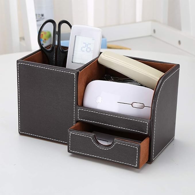 Desk Organizer Office Supplies Caddy Pu Leather Multi-function Storage Box Pen/Pencil,Cell phone, Business Name Cards Remote Control Holder with Small Drawer Brown