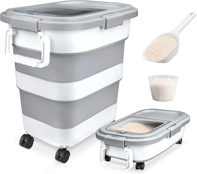 Rice Storage Container, Collapsible Airtight 10-40 Lb Rice Storage Container, 25lb Pet Dog Food Storage Container, Rice Dispenser Bin with Cup and Scoop for Flour Cereal Pasta Grain, Cat Bird