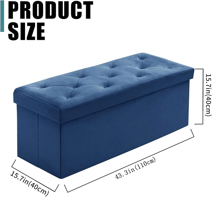 BRIAN & DANY 43 Inches Folding Storage Ottoman Bench, Velvet Ottoman with Storage for Living Room, Bedroom, Entryway, Ottoman Foot Rest, End of Bed Bench (Blue)