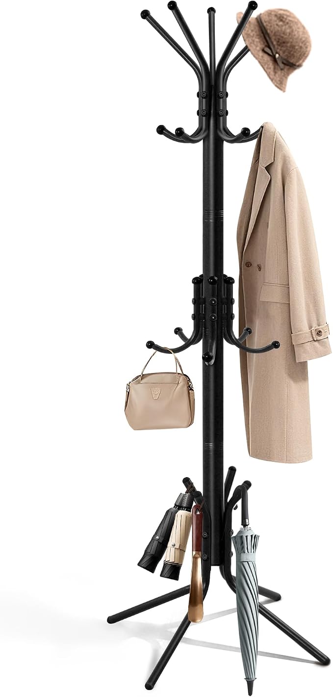 Metal Coat Rack, Freestanding Coat Tree & Hall Tree with 15 Hooks, Sturdy Coat Rack Stand and Hat Rack, Coat Hanger for Entryway, Bedroom, Office for Jackets, Hats, Bags,Black