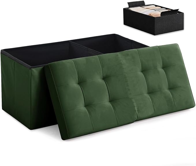 HAUSFRAU Ottoman with Storage Bench Folding Foot Rest Stool Velvet Olive | 31.5", Flip Lid, Small Upholstered Foldable Footrest Footstool, Bedroom Bench, Living Room Dorm Ottoman, Rectangle