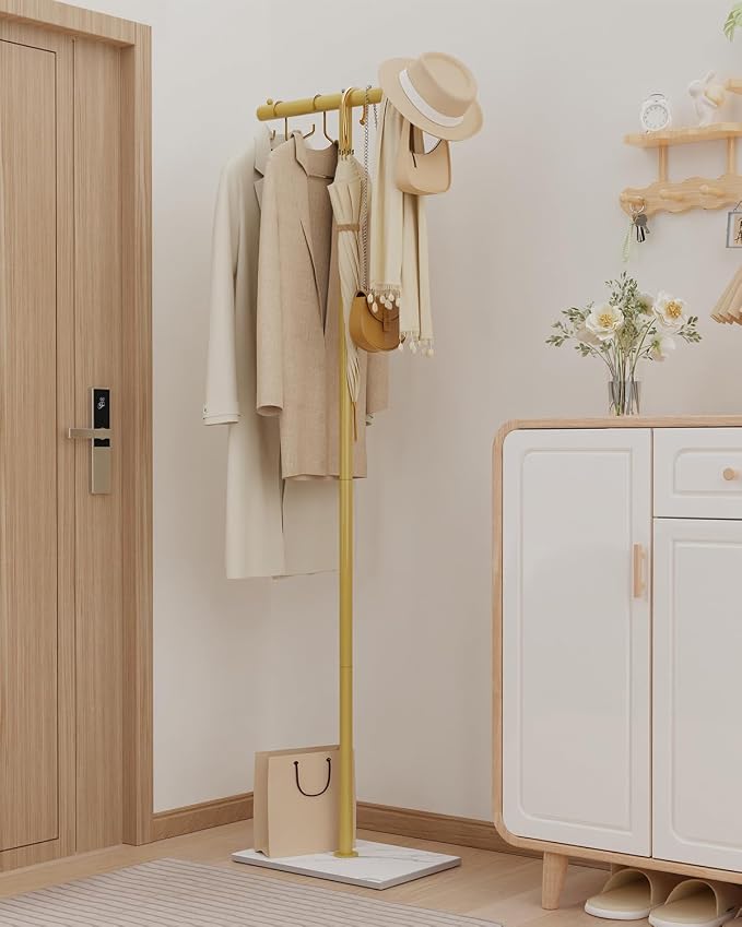 OUTBROS Freestanding Coat Rack, 68.9" High Small Clothes Rack, Gold | Coat Tree with Rock Base, T Shaped Coat Hanger Stand Suitable for Bedroom, Hallway, Entrance