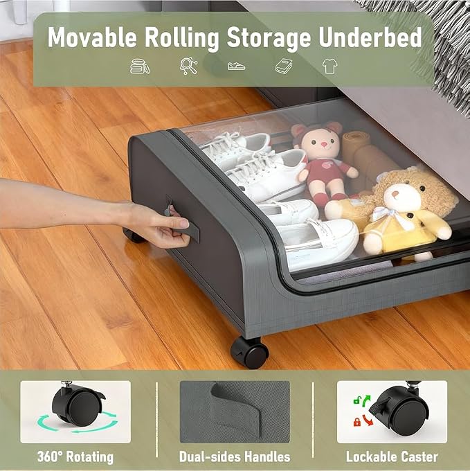 Under Bed Storage with Wheels, 6.7'' Tall Underbed Storage Containers with Lids - Rolling Bins for Shoes Clothes Blankets (Grey, 2-Pack XXL)