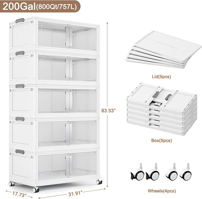BROVIEW 800Qt Extra Large Stackable Storage Bins with Lids, 200Gal Collapsible Storage Bin with Wheels Clear Door, Folding Plastic Closet Organizers and Storage Drawers for Home Kitchen, 5 Pack White