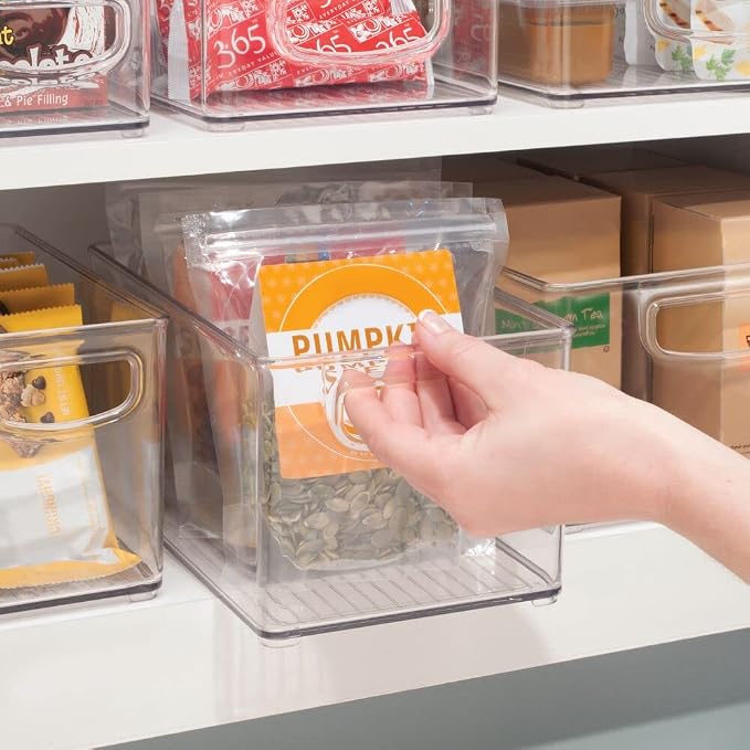 mDesign Plastic Stackable Kitchen Organizer - Storage Bin with Handles for Refrigerator, Freezer, Cabinet, and Pantry Shelves Organization - Food Container - 2 Pack - Clear