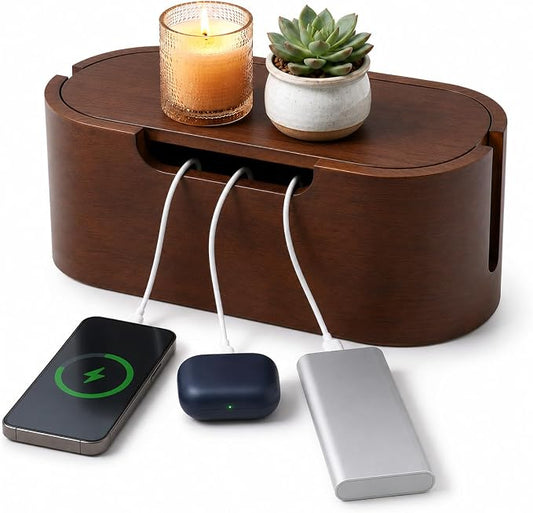 Wooden Cable Management Box with Lid, Decorative Cord Organizer for Power Strip & Charger Cables, Ventilation Holes & Side Slots, Solid Pine Wire Hider for Desk, Home Office, Dorm & Minimalist Setup