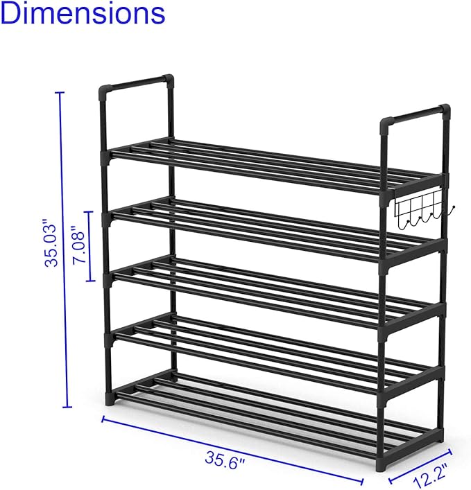 Hsscblet 5 Tiers Metal Shoe Rack,Adjustable Shoe Shelf Storage Organizer with Hooks,Stackable Boot & Shoe Storage,for Entryway,Hallway,Closet,Black