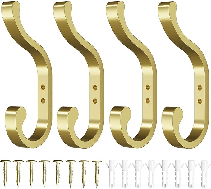 bussdis Large Wall Hooks for Hanging Coats: Heavy Duty Wall-Mount Hanger (Hold 30 LB), Mudroom Hooks for Clothes, Backpack, Purse, Bathroom Towel (Gold, 4 Pack)