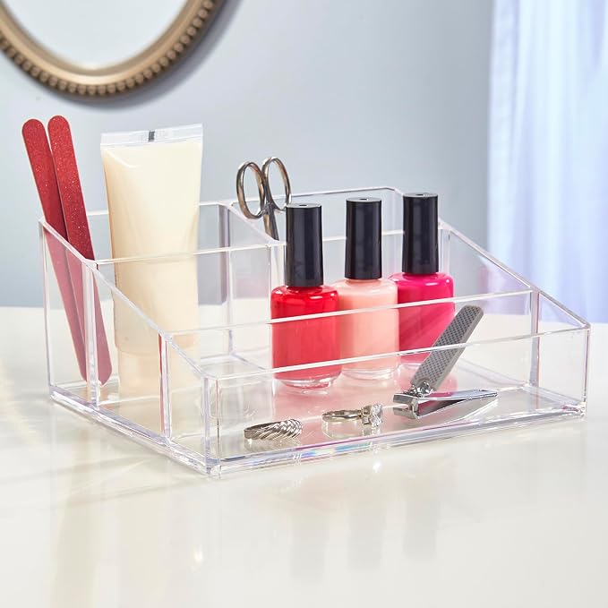 STORi Clear Plastic Small Countertop Vanity Makeup Organizer, Compact Rectangular 4-Compartment Holder for Brushes, Eyeshadow Palettes, & Beauty Supplies, Made in USA (Pack of 2)