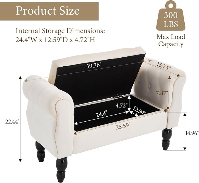 Storage Bench with Arms End of Bed Bench,Velvet Entryway Bench with Storage, Button Tufted Upholstered Ottoman Bench Wood Legs, Window Sitting Bench for Bedroom/Living Room/Hallway, Cream