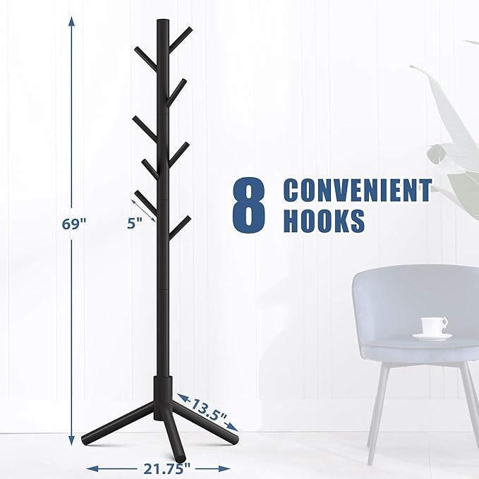 Haddockway Wooden Coat Rack Stand with 8 Hooks New Zealand Pine 3 Adjustable Coat Standing Tree Easy Assembly for Coats, Hats, Scarves and Handbags for Entryway, Hallway, Bedroom, Office,2 PCS