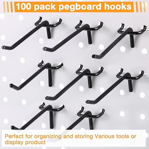 100 Pcs Peg Board Shelving Hooks Stainless Steel Hanging Board Pegs Wall Display Hooks Bulk for 1/8 1/4 Garage Storage Organizer Accessories (4 Inch,Black)