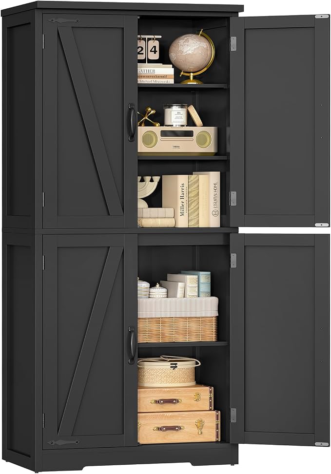 58" H Storage Cabinet with Adjustable Shelf, Kitchen Cabinet with 4 Doors, Farmhouse Pantry Cabinets, Cupboard for Kitchen, Bathroom, Living Room, Black