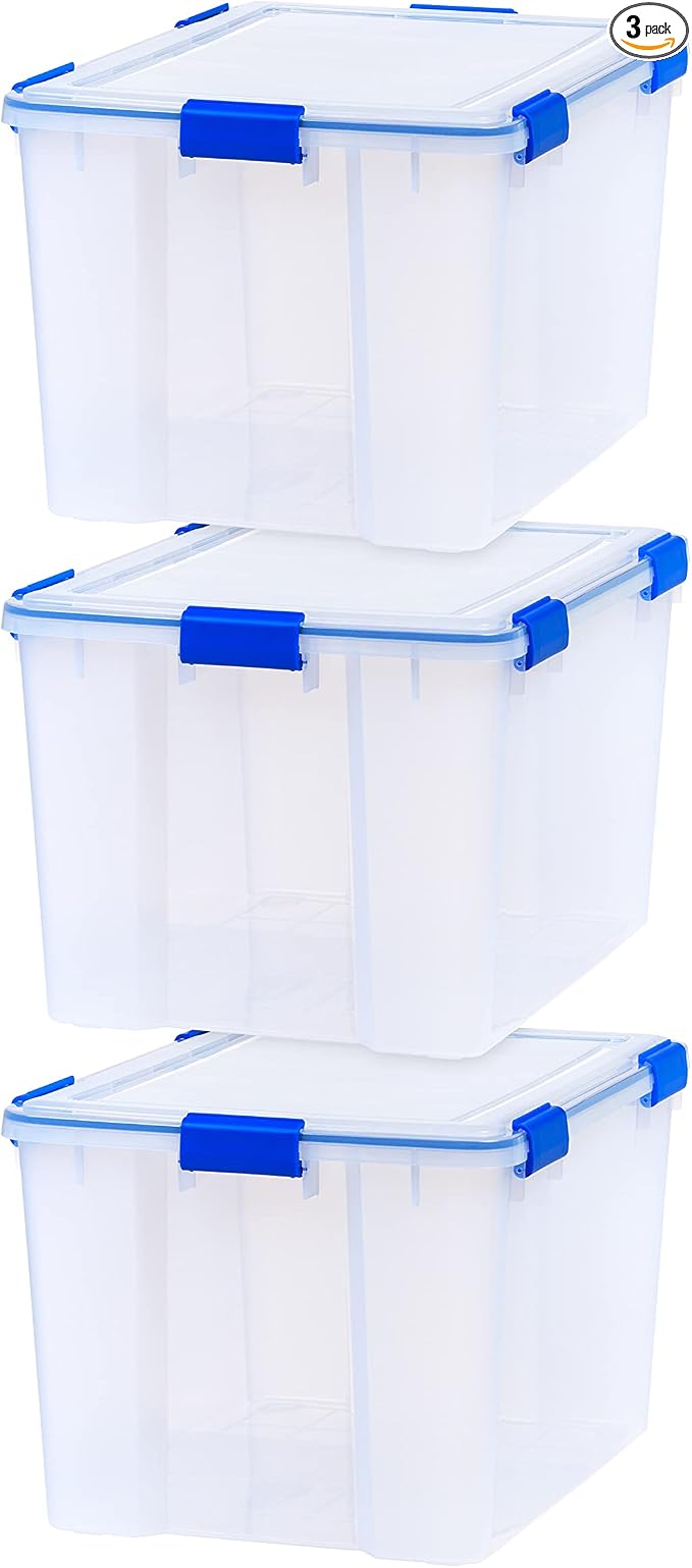 IRIS USA 3-Pack 74 Qt Storage Bins with Gasket Lids, Clear/Blue | WeatherPro seal helps protect bulky items for moving, garage, attic and basement storage