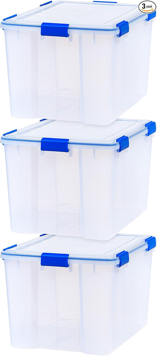 IRIS USA 3-Pack 74 Qt Storage Bins with Gasket Lids, Clear/Blue | WeatherPro seal helps protect bulky items for moving, garage, attic and basement storage