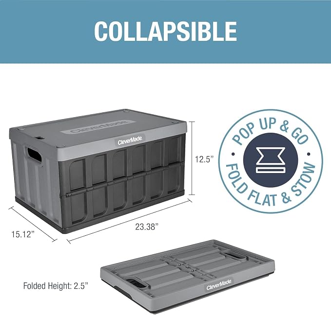 CleverMade Collapsible Storage Bins with Lids, 62L, 3 Pack, Obsidian | Large-capacity bins support 100 lb and stack securely. The lid stores underneath, and each crate folds to 2.5 inches.