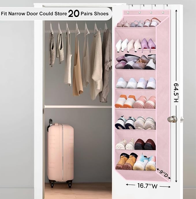 SLEEPING LAMB Over The Door Shoe Organizer for Closet with Large Deep Pockets, Narrow Shoe Rack for Door Hanging Boots Storage, Pink