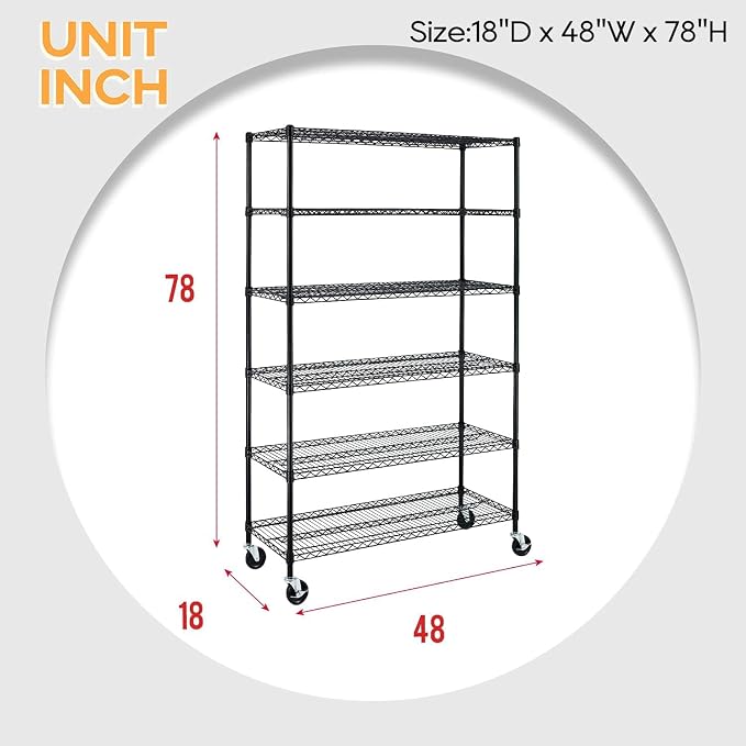 BestOffice | 6-Tier Wire Shelf with Wheels | 18" x 48" x 78" | Black | Storage Shelves with Adjustable Racks, Holds upto 600 lbs | Rust-Resistant, No-Tool Assembly | For Home, Garage