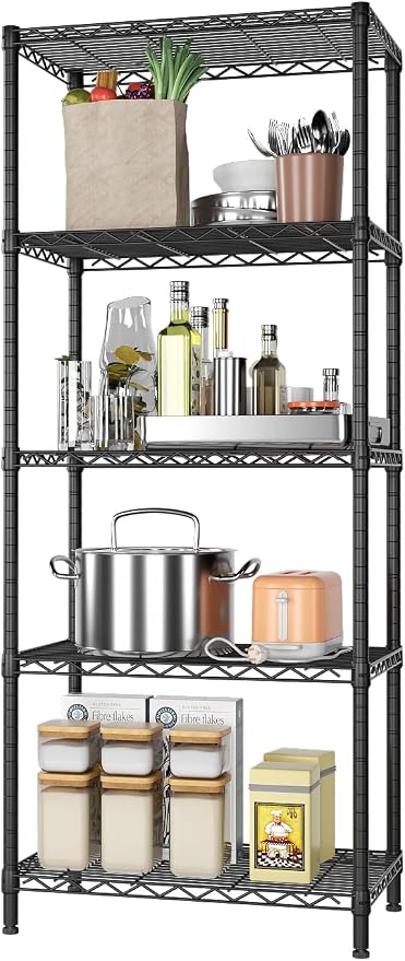 SINGAYE 5 Metal Shelves Wire Shelving Storage Shelf Adjustable Unit Pantry | 5 Tier Kitchen Laundry Room Organization Home Pantry Closet Bathroom Organizers Garage Rack 14" D x 24" W x 59.5" H Black
