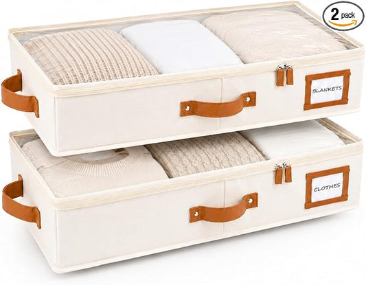 2pc Under Bed Storage Containers, Bedroom Under the Bed Drawer Storage Organizer with Bins and Lids, Medium Underbed Clothes Storage Box Ideal for Blanket, Fabric, & Shoes (Ivory)