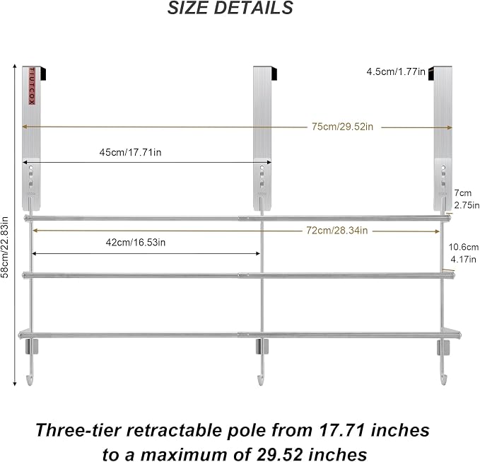 Over The Door Towel Rack, 304 Stainless Steel Towel Racks for Bathroom with 3-Tier Adjustable Pole, 2 Punch-Free Screw Stickers, 22.83 * 17.71-29.52 * 6.14 Inch, Silver