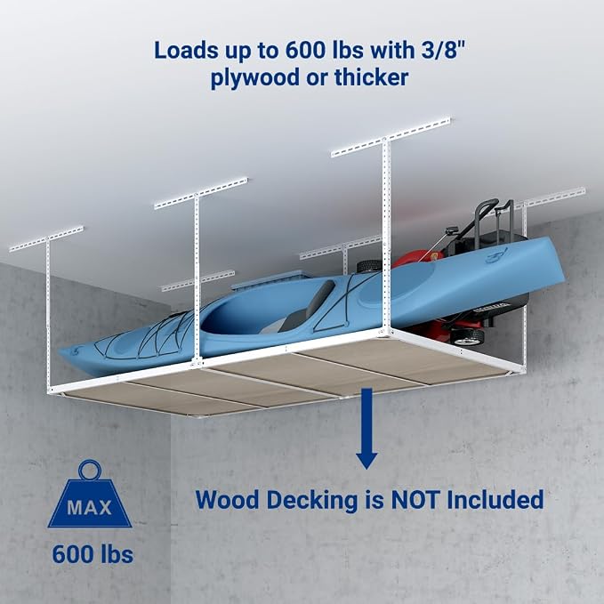 FLEXIMOUNTS 4x8 Overhead Garage Storage Rack, Without Decking, White | 600 lbs capacity, Adjustable height, Heavy-duty steel, Ceiling mounted, Garage organization, Lite Series