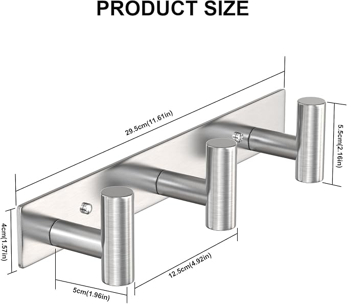 PMMASTO Stainless Steel Coat Rack Wall Mounted, Heavy Duty Metal Hook Rail for Hanging Coats Hats Towels Robes Bags, Modern Wall Hooks Organizer (Silver, 3 "T Hooks, 2 Pack)