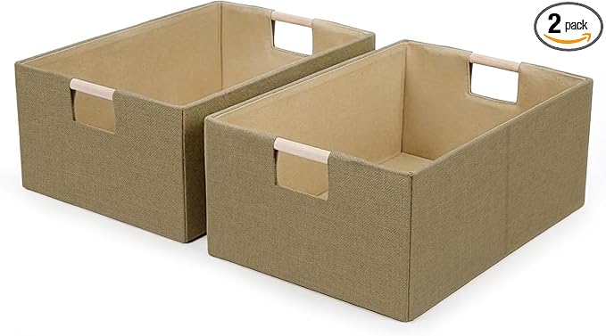 Foldable Fabric Storage Cubes, 2 Packs Cloth Storage Baskets with Wooden Handles, Collapsible Shelf Closet Organizer Bins, Rectangular Storage Boxes for Decor (Coffee Color 2 Pack)