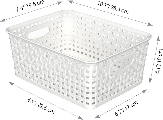 WYT Woven Plastic Storage Baskets, 6 Pack White Weave Bins Organizer, 10.1" x 7.55" x 4.1"