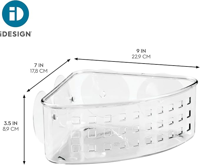 iDesign Plastic Suction Cup Corner Shower Basket, Clear | Bathroom Storage, Made in USA
