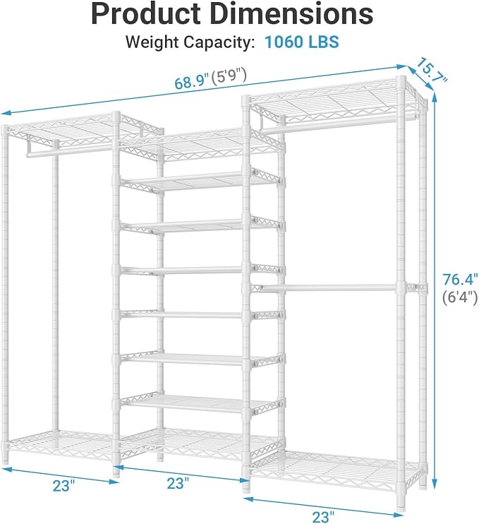VIPEK S3 Freestanding Clothes Rack with 8-Tier Shoe Shelves, White | Clothing Rack with 12 Metal Shelves & 3 Hanging Rods, Heavy Duty Closet Rack with 1060 lb Capacity, 68.9" x 15.7" x 76.4"