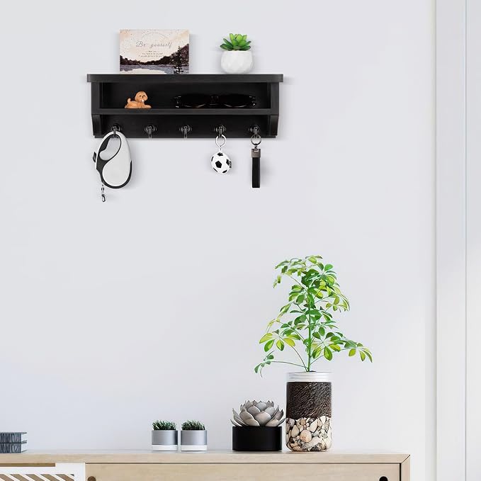 Nekon Key Holder Wall Mount, Wall Organizer Shelf with 5 Key Hooks, Room Decor for Home and Apartment Essentials, Black