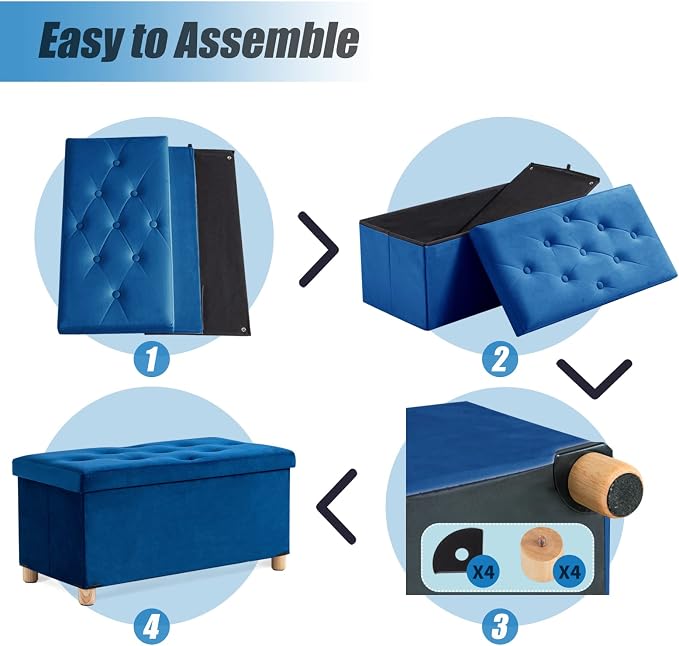BRIAN & DANY 30 Inches Folding Storage Ottoman Bench, Ottoman with Storage for Living Room, with Wooden Feet and Lid, Blue