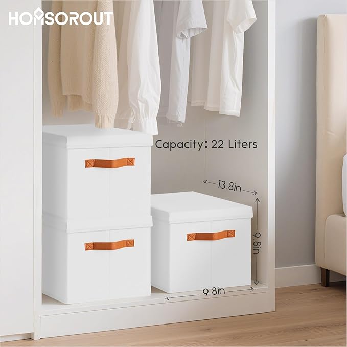 Homsorout Storage Bins with Lids - Fabric Storage Baskets for Shelves, 4 Pack Foldable Decorative Boxes with Handles, Stackable Organizer Bins for Home, Nursery, Dorm, White
