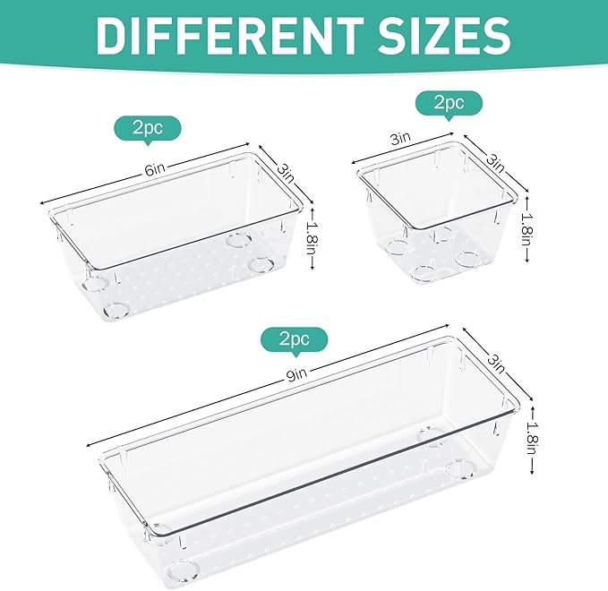 6 Pack Clear Drawer Organizer Set, Drawer Storage Trays, Storage Bins | Acrylic Drawer Storage Trays, Storage Bins for Makeup, Cosmetics, Jewelries, Utensils, Gadgets, Office