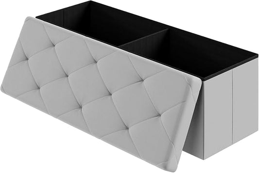 DUMOS 43 Inch Folding Ottoman with Storage Bench, Foot Rest Stool Ottoman | Upholstered End of Bed Storage Bench, Storage Ottoman Loads 660 Lbs for Bedroom, Living Room, Synthetic Leather, Grey