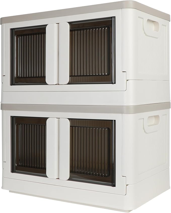 Storage Box, Collapsible Cabinet, 8.4 Gallon (32L) Each One, 2 Packs, Useful Box with Lids, Foldable Drawer, Organizers for Home and Office, Milk White