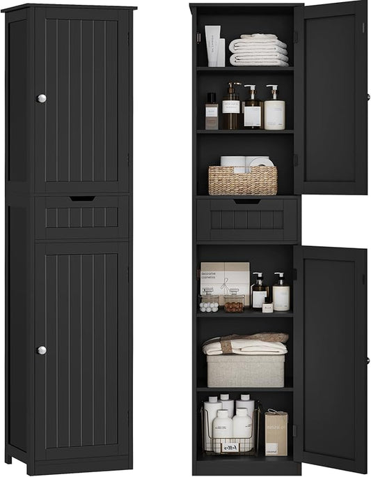 67" H Tall Storage Cabinet with 2 Doors and 1 Drawer, Narrow Black Cabinet with Adjustable Shelves, for Bathroom, Living Room, Entryway, Kitchen, Black