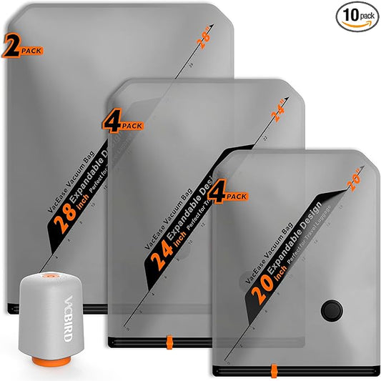 Vacbird Rechargeable Wireless Vacuum Pump + 10 Storage Bags – Compact Space Saver for Travel & Home, Perfect for Clothes, Blankets, Seasonal Organization