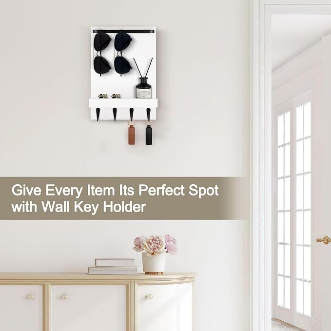 Key Holder Wall Mount, Key Holder for Wall with 4 Hooks, Farmhouse Key Hanger Holds Dog Leash, Sunglasses – Decorative Mail Organizer Home Decor (White)