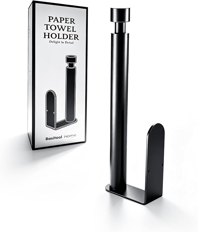 Paper Towel Holder Under Cabinet Adhesive or Drilling Matte Black | Drill Wall Mount or Adhesive, Easy Roll Loading, Heavy Duty, Stainless Steel Paper Towel Roll Rack for Kitchen, Bathroom