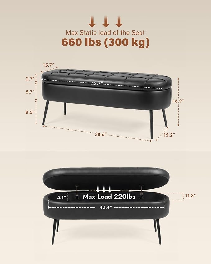 Storage Ottoman Bench, 43.7" PU Leather End of Bed Bench Black | Bench with Large Hidden Storage, Tufted Upholstered Seat, Metal Legs, Mid-Century Modern, For Bedroom, Entryway, Living Room