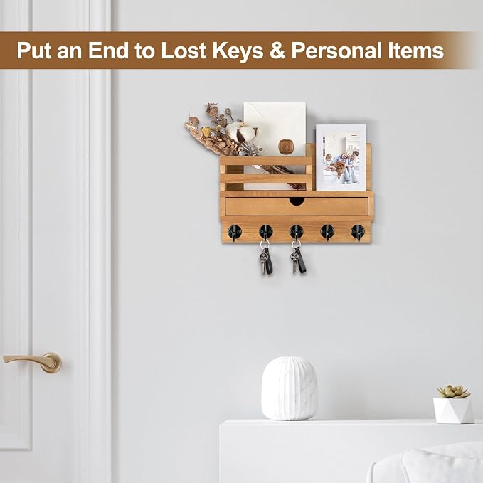 Key Holder Wall Mount, Mail Holder with Storage Drawer and 5 Key Hooks for Coat, Dog Leash, Home Decor Rack, House Accessories, Entry Way Organizer (Wood)