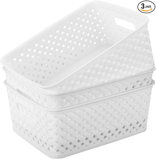 MaxGear 3 Pack Plastic Storage Baskets, Medium, White | Durable Woven Plastic with Built-In Handles, Suitable for Shelves, Closets, Cabinets, Bathrooms and Offices