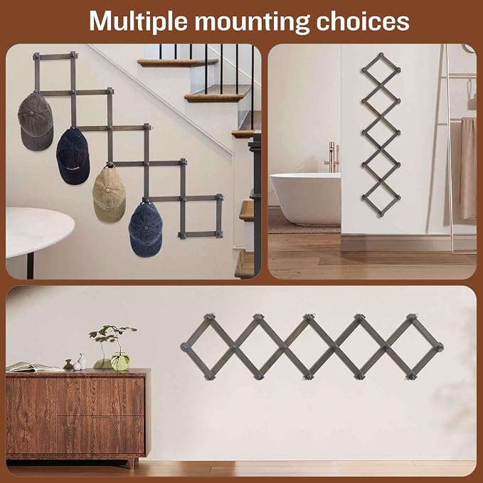 SCUNDA Rustic Wall Mounted Hat Rack with Space Saving Accordion Design, Expandable Hat Holder with 16 Wood Hooks, Modern Farmhouse Wall Hanger for Mug, Coat, Bags(Shabby Grey)