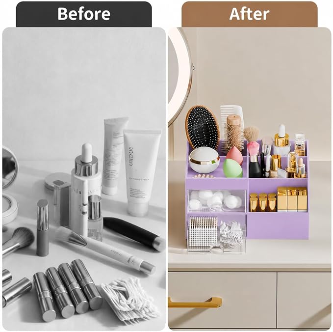 Makeup Organizer with 2 Drawers, Makeup Organizers Countertop for Vanity and Bathroom, Make up organization and Skincare Storage with Brush Holder, for Dresser, Desktop, Cosmetic Display Case (Purple)