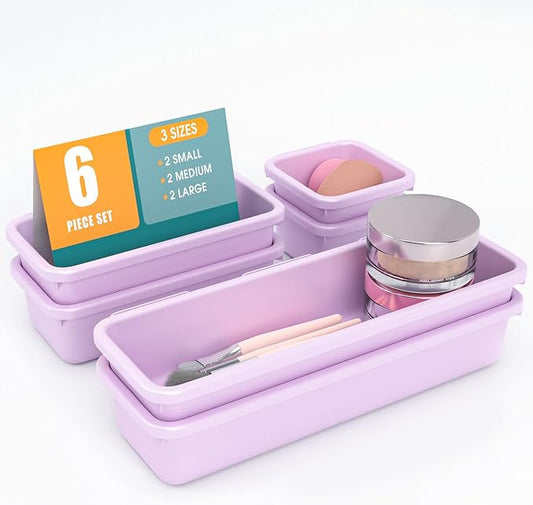 6 PCS Drawer Organizer Set, 3 Size Makeup Drawer Divider Organizer With Non-Slip Pads, Interlocking Plastic Storage Bins for Office,Jewelry Vanity,Gadgets, Bathroom,Kitchen, Purple