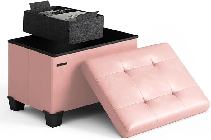Storage Ottoman Cube with Small Bin, 16-in Square Ottoman with Storage for Living Room and Bedroom, Small Ottomans Foot Rest, Leather Foot Stools Ottomans Max 330lbs, Pink